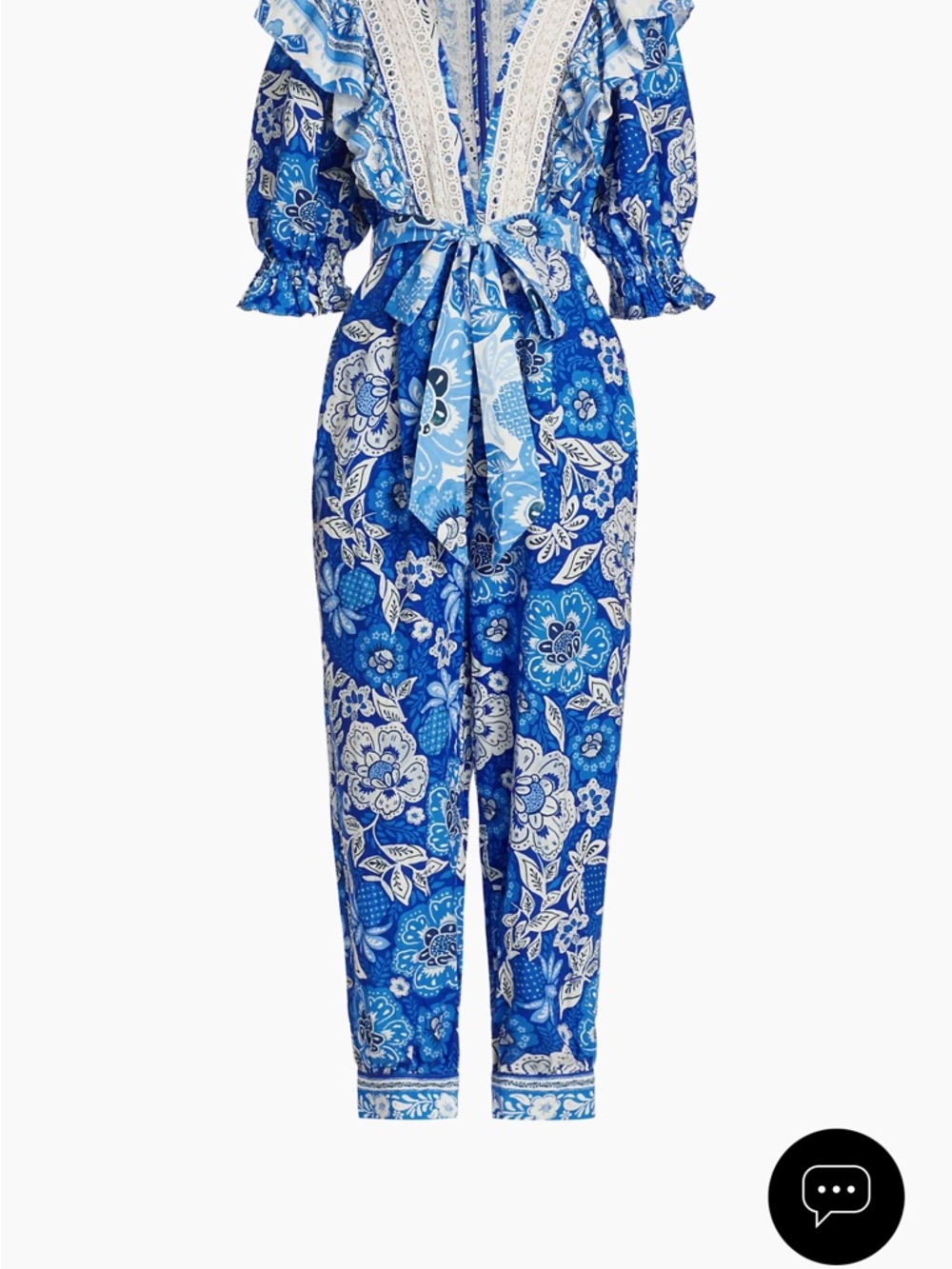 FARM Rio Blue Floral Tie-Front Jumpsuit with Lace Trim